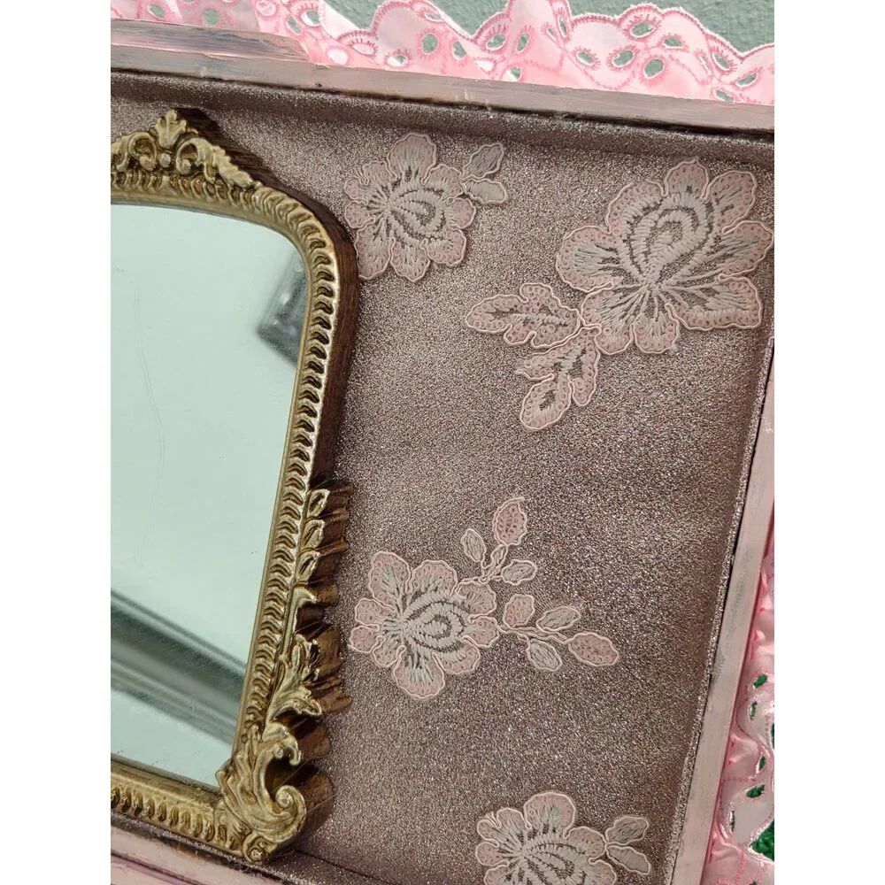 Hand-Restored Vintage Romantic Vanity Box & Shadow Box with Ornate Gold Mirror